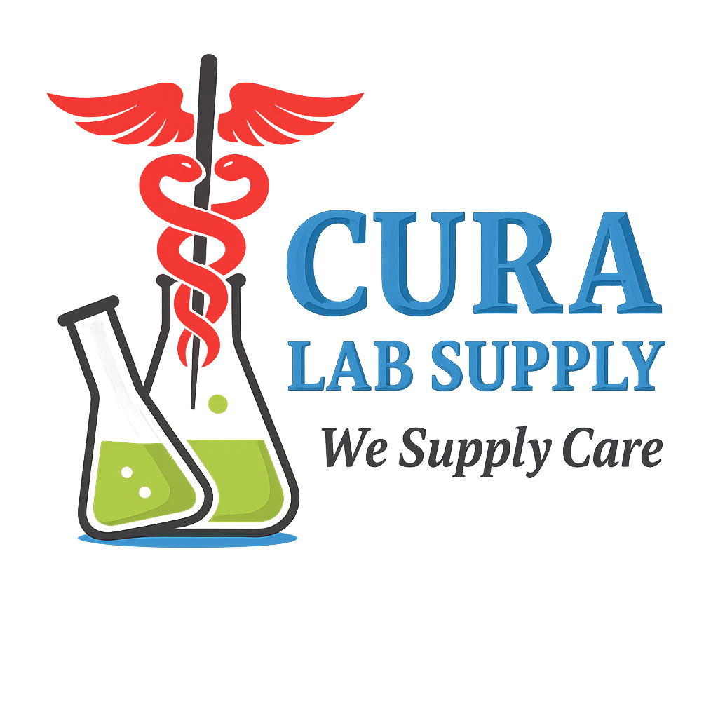 Logo of CURA Lab Supply with a caduceus and beakers on a white background