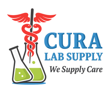 Logo of CURA Lab Supply with a caduceus and beakers on a white background